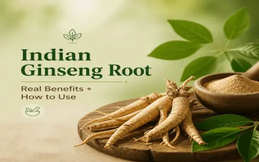 Indian ginseng root, also known as ashwagandha, displayed with dried roots, powdered herb in a wooden bowl, and fresh green leaves.