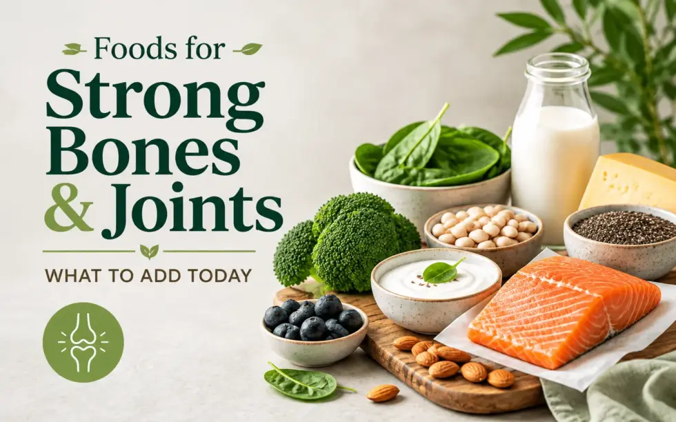 Healthy foods for strong bones and joints, including salmon, milk, cheese, spinach, broccoli, yogurt, almonds, chia seeds, and blueberries.