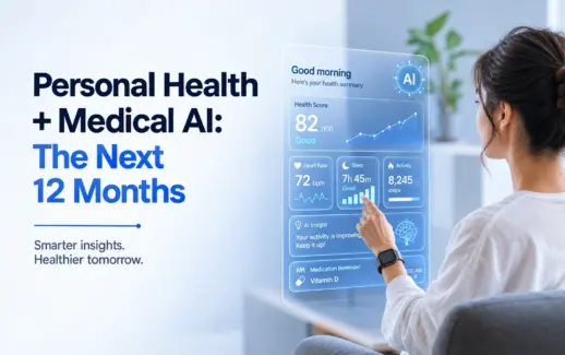 Woman using an Medical AI-powered personal health dashboard to monitor heart rate, sleep, daily steps, health score, and medication reminders.