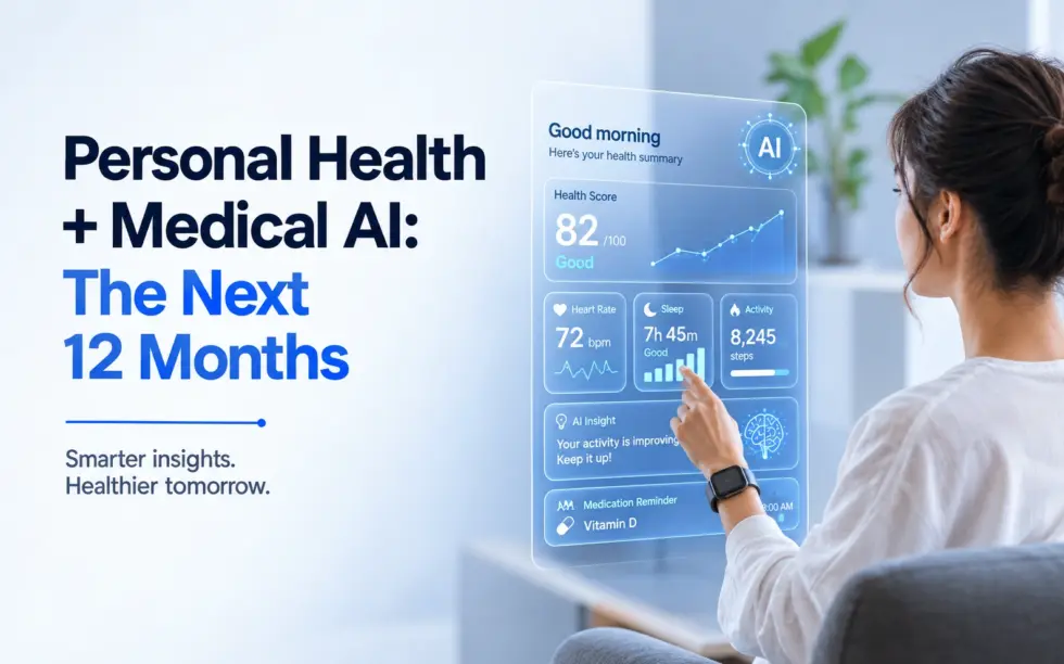 Woman using an Medical AI-powered personal health dashboard to monitor heart rate, sleep, daily steps, health score, and medication reminders.