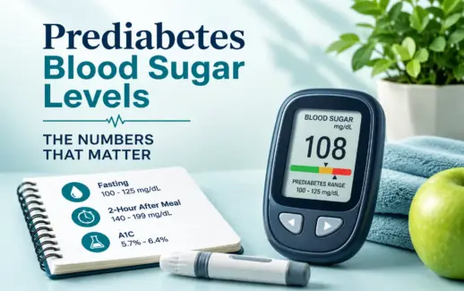 Prediabetes blood sugar levels guide showing a glucose meter, blood sugar reading of 108 mg/dL, fasting glucose ranges, A1C levels, and a lancing device.
