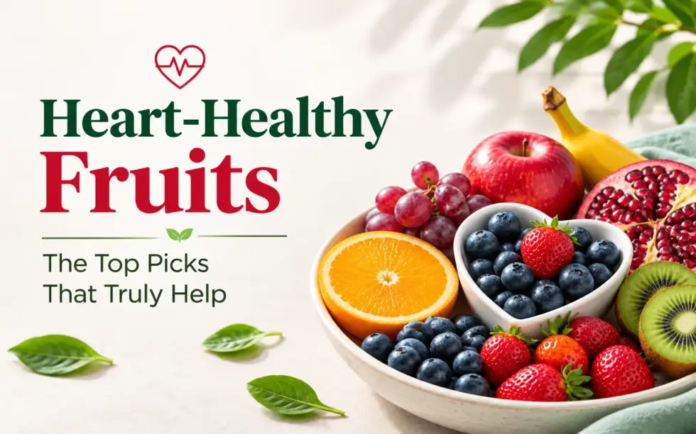 Bowl of heart-healthy fruits, including blueberries, strawberries, oranges, apples, grapes, kiwi, banana, and pomegranate, highlighting nutritious choices for heart health.