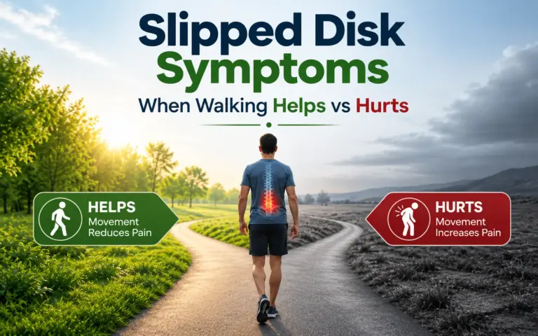 Man walking on a path with highlighted lower back spine pain, illustrating slipped disc symptoms and how walking may help reduce pain or worsen discomfort.