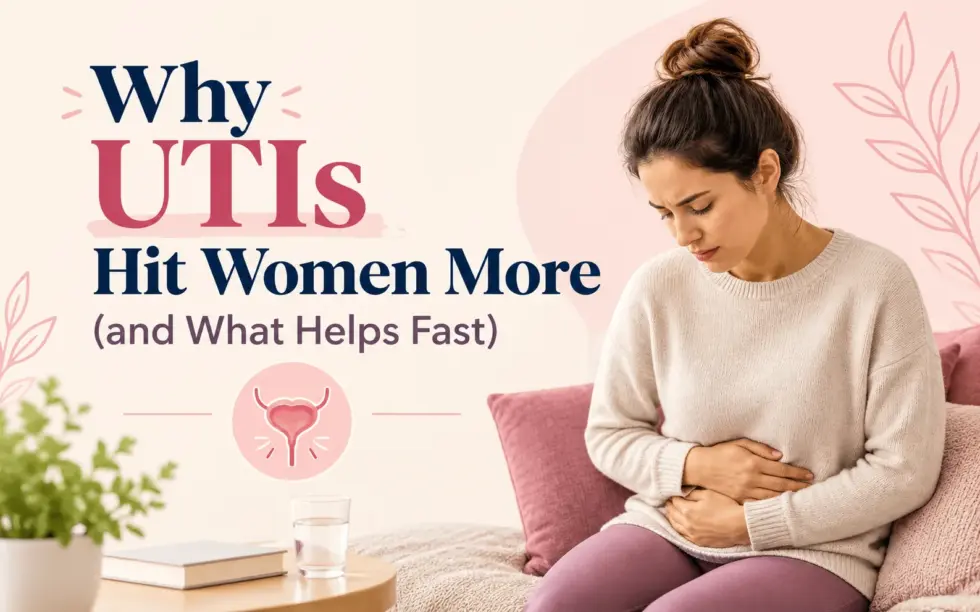 Woman experiencing lower abdominal pain (UTIs) while sitting on a sofa, illustrating urinary tract infection symptoms in women and the importance of understanding causes, prevention, and treatment options.