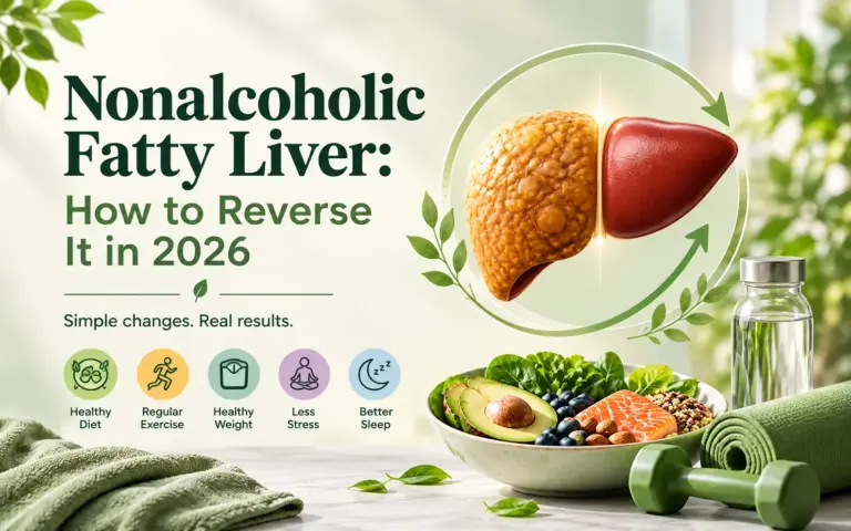 Nonalcoholic fatty liver health guide showing a comparison of fatty and healthy liver alongside healthy diet, regular exercise, weight management, stress reduction, and better sleep.