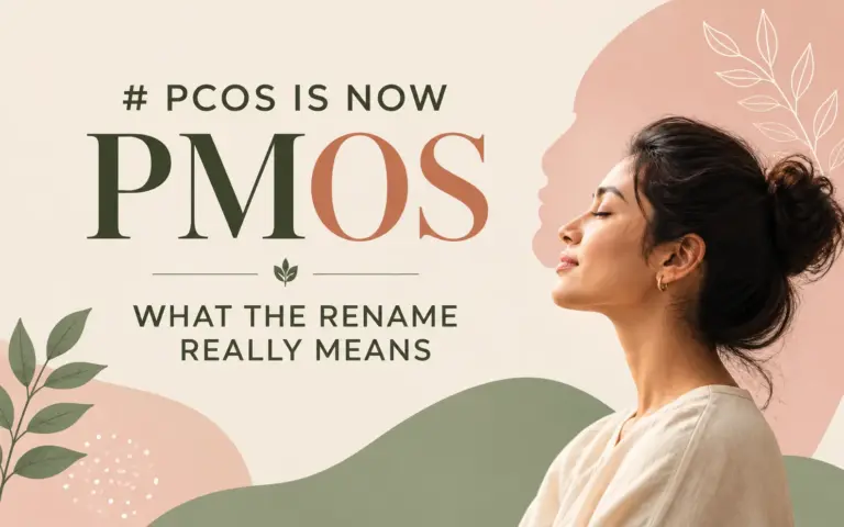 Woman in a peaceful pose beside an infographic titled “PCOS Is Now PMOS,” explaining the proposed terminology change and its meaning for women’s hormonal and reproductive health.
