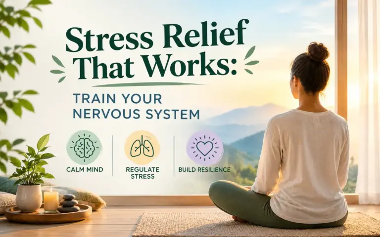 Woman practicing meditation in a peaceful setting with calming mountain views, illustrating stress relief techniques to calm the mind, regulate stress, and build emotional resilience.
