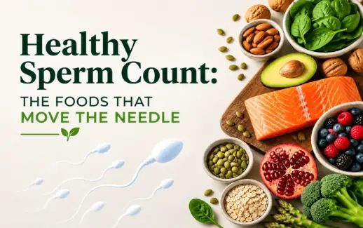 Healthy sperm count supporting foods, including salmon, spinach, almonds, avocado, berries, pomegranate, lentils, oats, and broccoli, associated with male reproductive health and sperm quality.