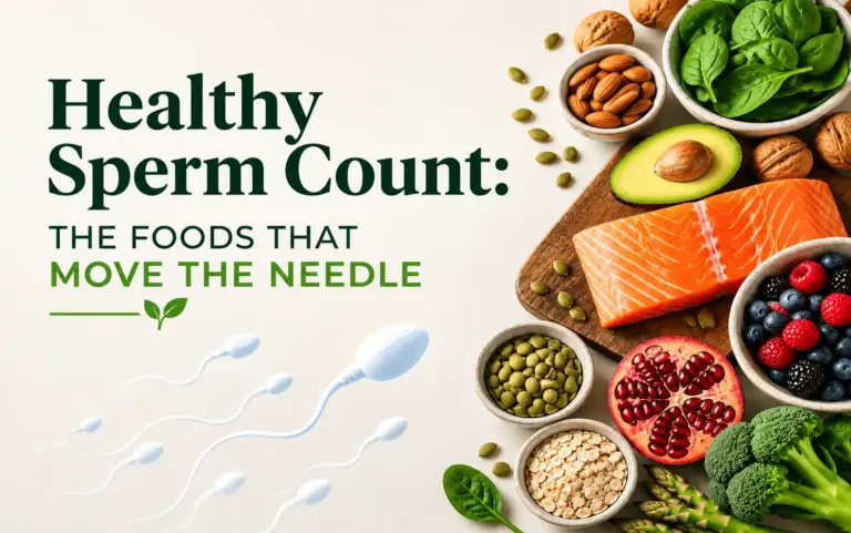 Healthy sperm count supporting foods, including salmon, spinach, almonds, avocado, berries, pomegranate, lentils, oats, and broccoli, associated with male reproductive health and sperm quality.