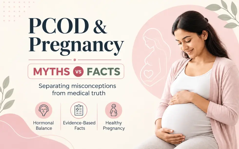 Pregnant woman holding her baby bump beside a PCOD and pregnancy myths versus facts infographic highlighting hormonal balance, evidence-based medical facts, and healthy pregnancy.