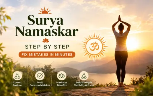 Surya Namaskar step-by-step yoga guide showing correct posture, common mistakes to avoid, and benefits for strength, flexibility, and focus during sunrise.