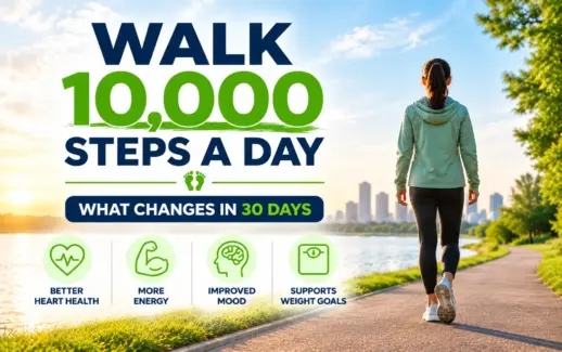 Woman walking along a scenic lakeside path at sunrise, illustrating walk 10,000 steps daily for 30 days, including better heart health, increased energy, improved mood, and weight management.