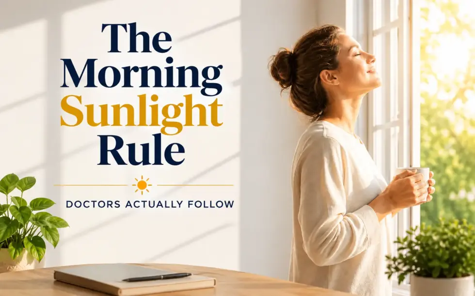 Woman enjoying warm morning sunlight beside a window while holding a cup, illustrating the morning sunlight rule and its potential benefits for wellness and healthy daily routines.