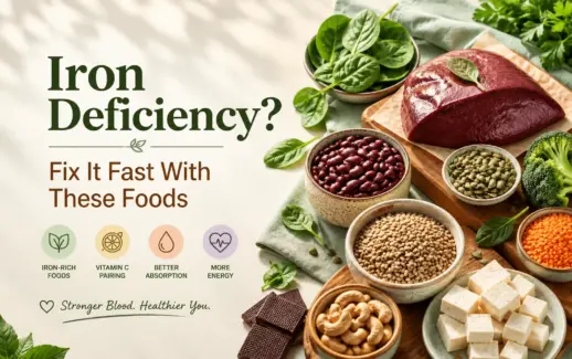 Iron-rich foods for iron deficiency, including spinach, liver, kidney beans, lentils, pumpkin seeds, broccoli, cashews, tofu, and dark chocolate.