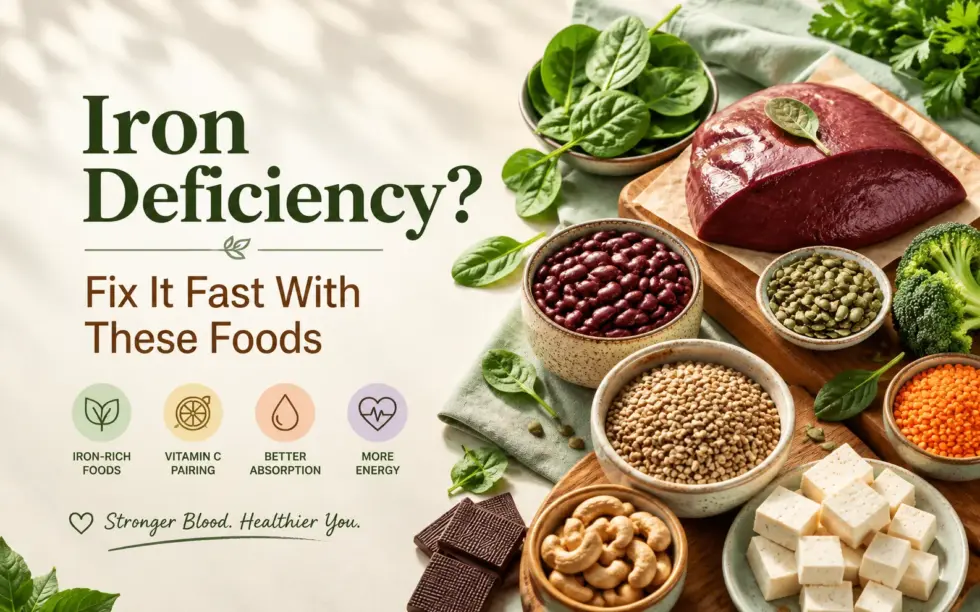Iron-rich foods for iron deficiency, including spinach, liver, kidney beans, lentils, pumpkin seeds, broccoli, cashews, tofu, and dark chocolate.