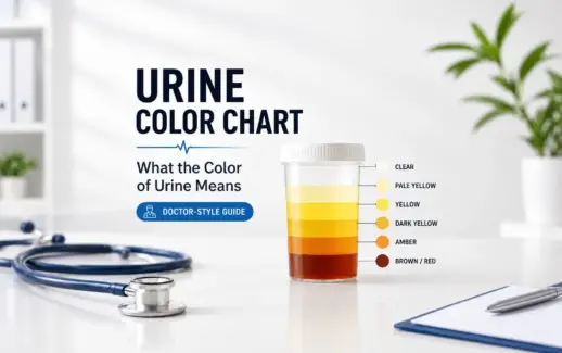 Urine color chart showing clear, pale yellow, yellow, dark yellow, amber, and brown or red urine shades to help understand hydration and potential health concerns.