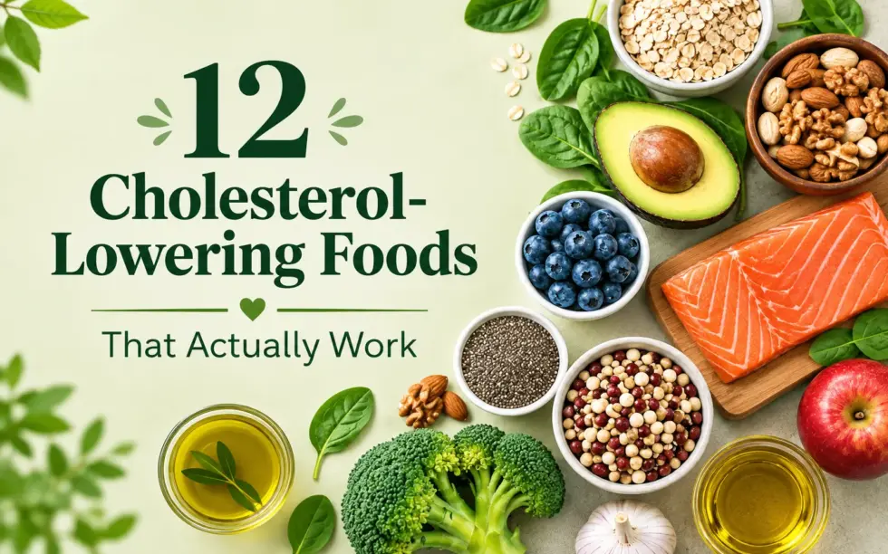 Twelve cholesterol-friendly foods, including salmon, avocado, oats, almonds, walnuts, blueberries, chia seeds, legumes, broccoli, spinach, apples, and olive oil, to support heart health and healthy cholesterol levels.