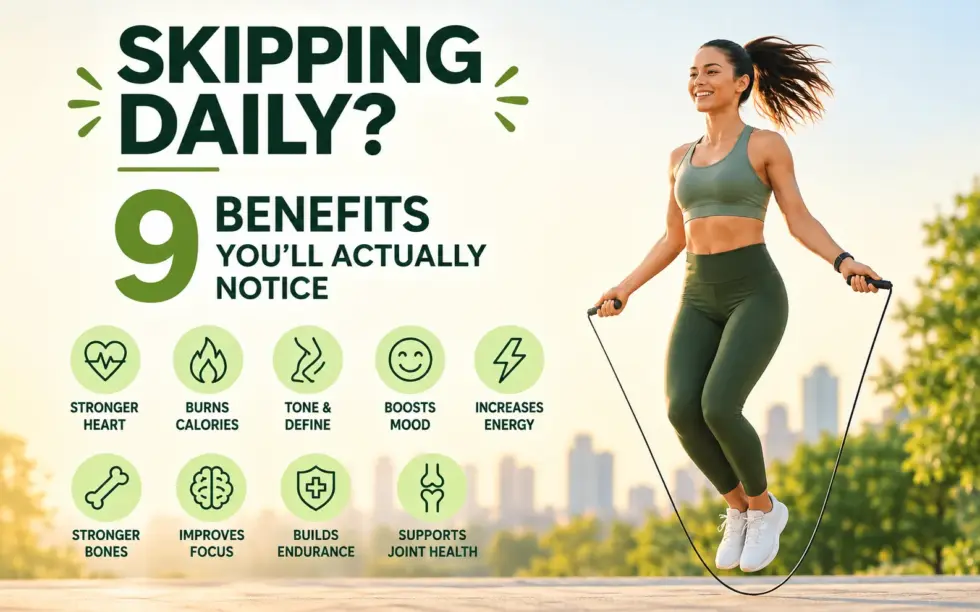 Woman skipping rope outdoors in a park, illustrating nine potential benefits of daily skipping, including improved heart health, calorie burning, muscle tone, mood, energy, stronger bones, better focus, endurance, and joint health.