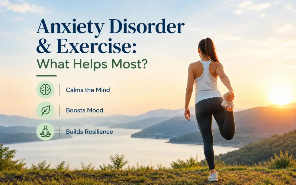 Woman stretching outdoors at sunrise beside a scenic lake and mountains, illustrating how regular exercise can help calm the mind, boost mood, and build resilience for people with anxiety disorder.