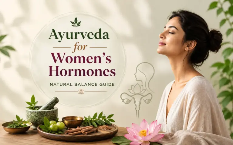 Ayurveda for women’s hormones featuring a woman practicing relaxation, Ayurvedic herbs, natural ingredients, and a lotus flower for a holistic hormone balance guide.