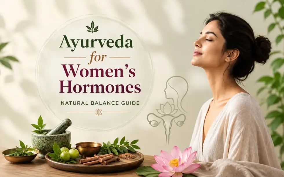 Ayurveda for women’s hormones featuring a woman practicing relaxation, Ayurvedic herbs, natural ingredients, and a lotus flower for a holistic hormone balance guide.