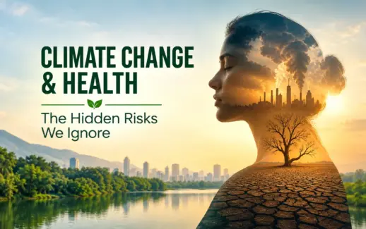 Illustration of climate change and health risks, featuring a woman's silhouette blended with industrial smoke, a polluted city skyline, cracked dry earth, and a leafless tree, contrasting environmental pollution with a green urban landscape.