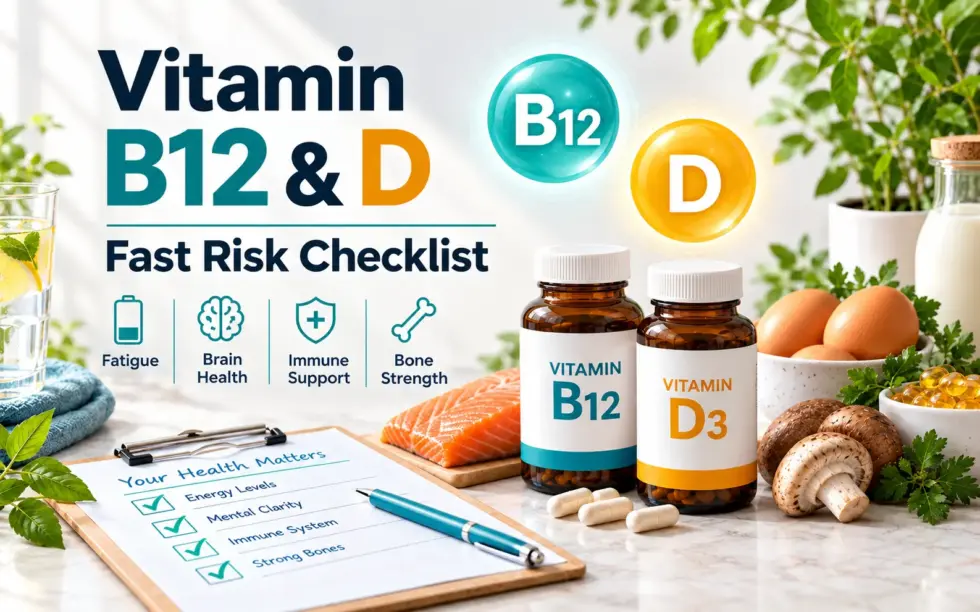 Vitamin B12 and D deficiency risk checklist featuring supplements, salmon, eggs, mushrooms, and key health benefits for energy, brain health, immunity, and bone strength.