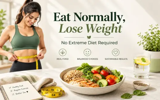Healthy weight loss concept featuring a woman measuring her waist, a balanced meal with grilled chicken and fresh vegetables, a measuring tape, and a checklist for sustainable weight management.