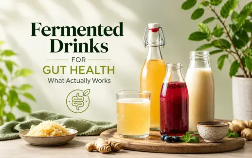 Fermented drinks for gut health, featuring kombucha, beetroot kvass, kefir, and a glass of fermented beverage with ginger, berries, and sauerkraut on a wooden board.