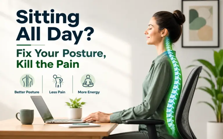 Sitting all day posture correction infographic showing a woman sitting upright at a desk with highlighted spine alignment, promoting better posture, less pain, and more energy.