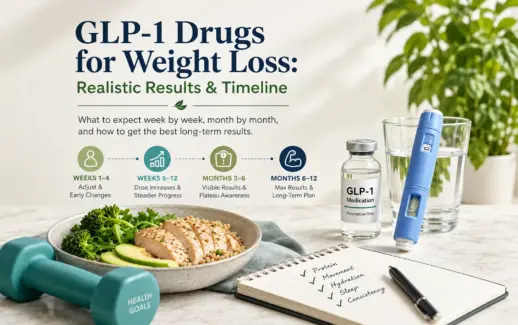 GLP-1 weight loss medication pen and prescription vial beside a healthy protein-rich meal, dumbbells, water, and a progress checklist illustrating realistic weight loss results and timelines.