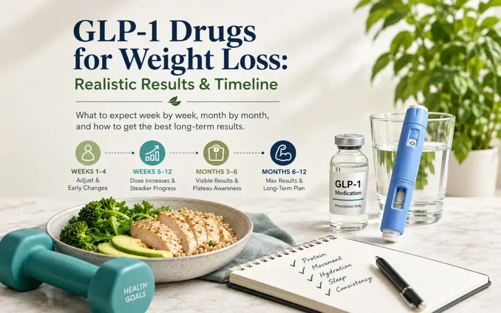 GLP-1 weight loss medication pen and prescription vial beside a healthy protein-rich meal, dumbbells, water, and a progress checklist illustrating realistic weight loss results and timelines.