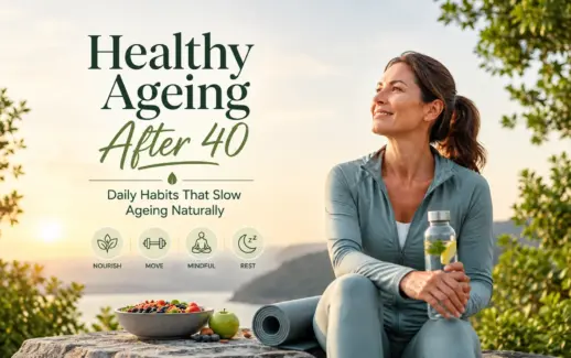 Woman enjoying a healthy lifestyle outdoors after 40, with fresh fruits, a yoga mat, and water, illustrating daily habits for healthy ageing, including nutrition, exercise, mindfulness, and quality sleep.