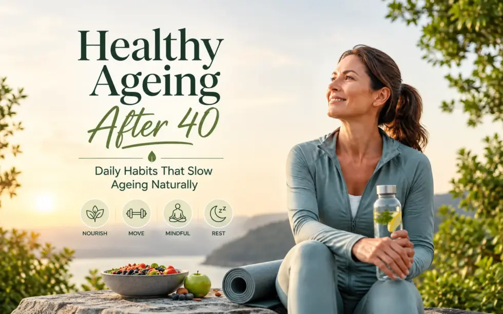 Woman enjoying a healthy lifestyle outdoors after 40, with fresh fruits, a yoga mat, and water, illustrating daily habits for healthy ageing, including nutrition, exercise, mindfulness, and quality sleep.