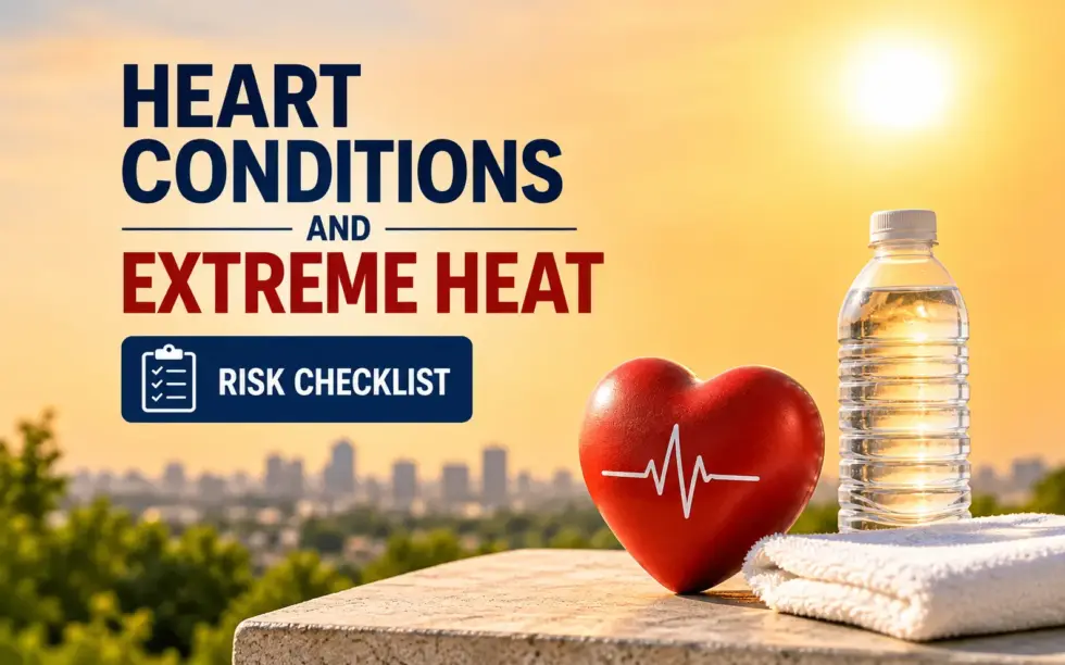 Heart conditions and extreme heat risk checklist featuring a red heart with an ECG symbol, water bottle, and towel in hot summer weather.