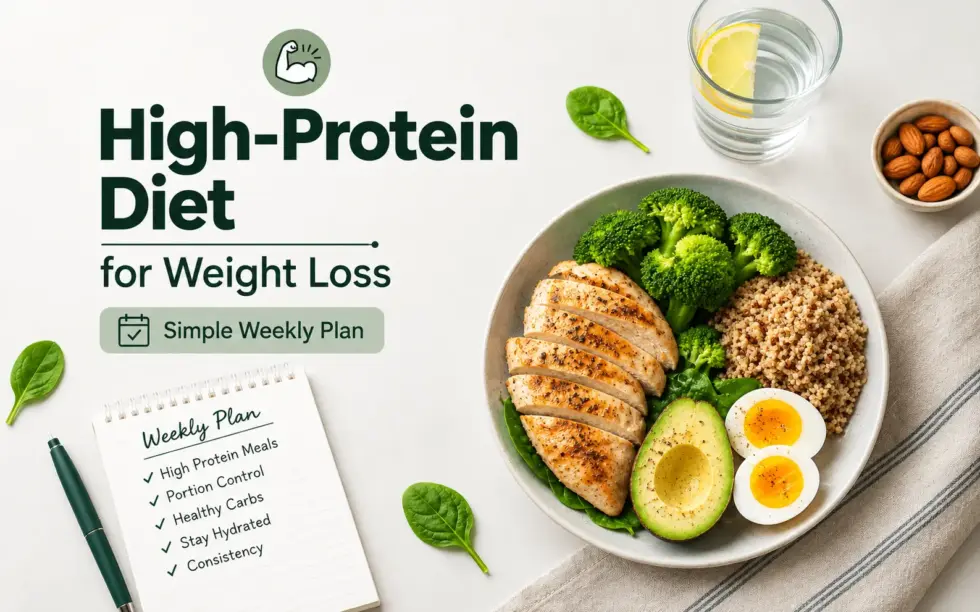 High-protein diet meal for weight loss featuring grilled chicken, boiled eggs, avocado, broccoli, and whole grains, with almonds, lemon water, and a weekly nutrition plan for healthy eating and portion control.