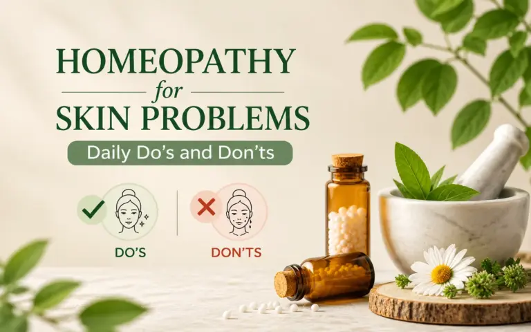Homeopathy for skin problems with daily do’s and don’ts, homeopathic remedies, herbal leaves, and natural skincare ingredients.