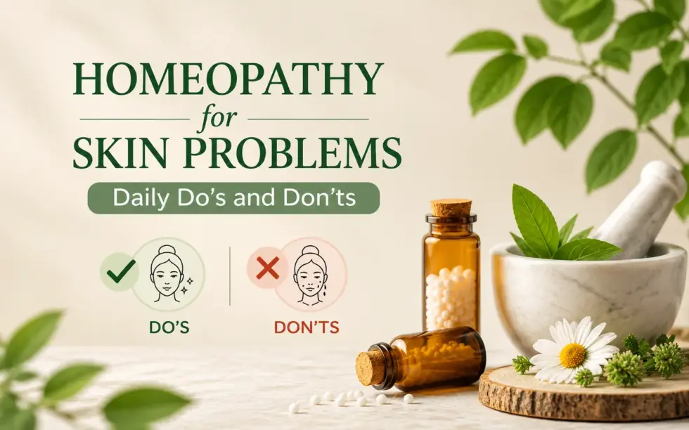 Homeopathy for skin problems with daily do’s and don’ts, homeopathic remedies, herbal leaves, and natural skincare ingredients.
