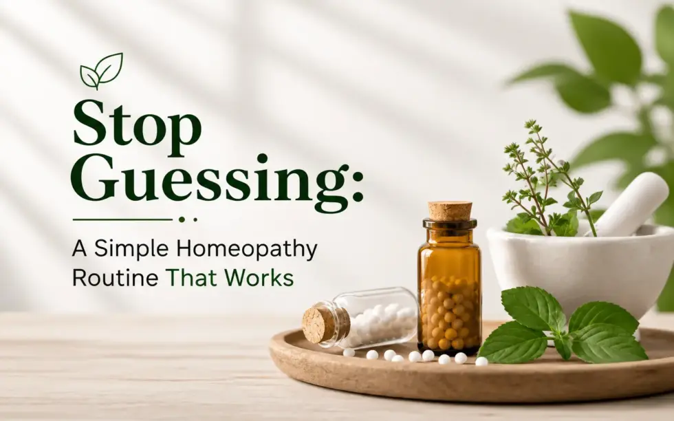 Homeopathy routine with herbal leaves, a mortar and pestle, and bottles of homeopathic remedies on a wooden tray.