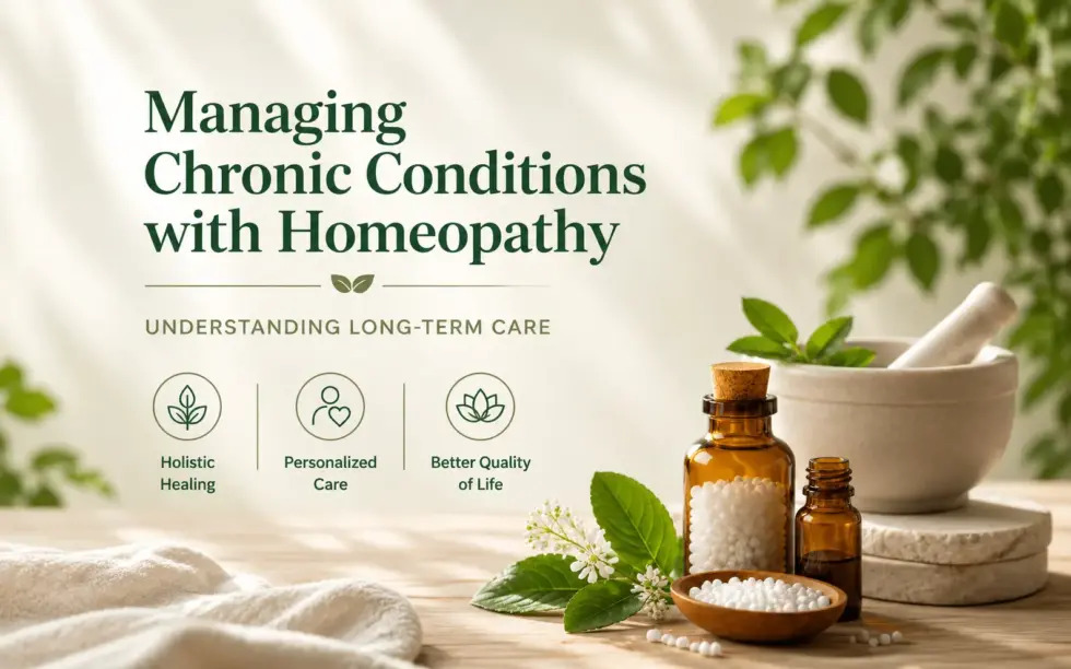 Managing chronic conditions with homeopathy, featuring homeopathic remedies, herbal leaves, natural ingredients, and holistic healthcare concepts.
