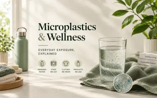 Microplastics and wellness concept showing a glass of water containing microplastic particles, a reusable water bottle, and icons representing drinking water, food, clothing, and everyday products.