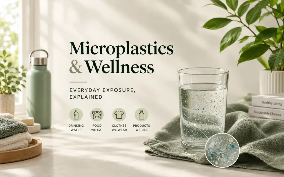 Microplastics and wellness concept showing a glass of water containing microplastic particles, a reusable water bottle, and icons representing drinking water, food, clothing, and everyday products.