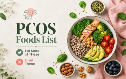 Healthy PCOS foods bowl featuring grilled salmon, spinach, broccoli, chickpeas, quinoa, avocado, and tomatoes, with almonds, walnuts, and blueberries to illustrate nutritious food choices for PCOS management.
