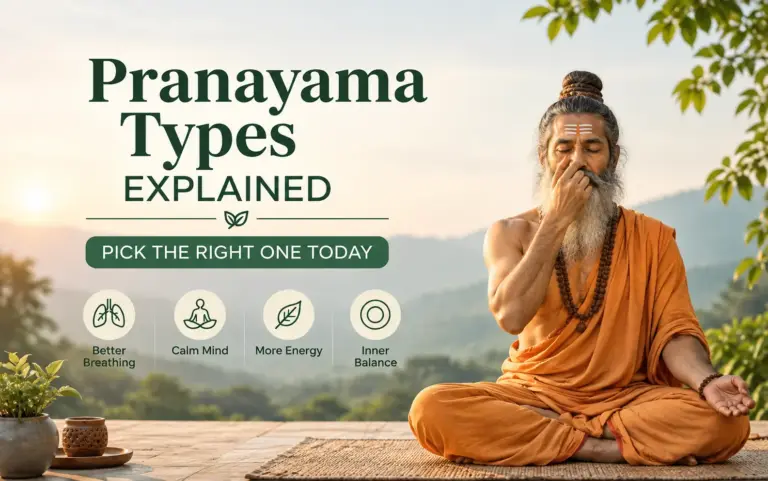 Pranayama types explained with a yogi practicing breathing exercises in a peaceful outdoor setting, highlighting better breathing, a calm mind, increased energy, and inner balance.
