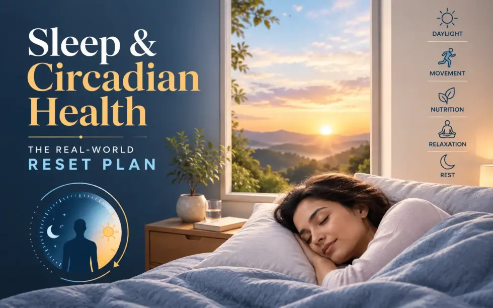 Woman sleeping peacefully in bed beside a window at sunrise, illustrating circadian health and the role of daylight, movement, nutrition, relaxation, and rest in supporting better sleep.
