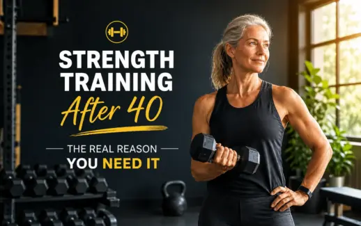Woman over 40 lifting a dumbbell in a gym, highlighting the importance of strength training after 40 for muscle strength, fitness, and healthy aging.
