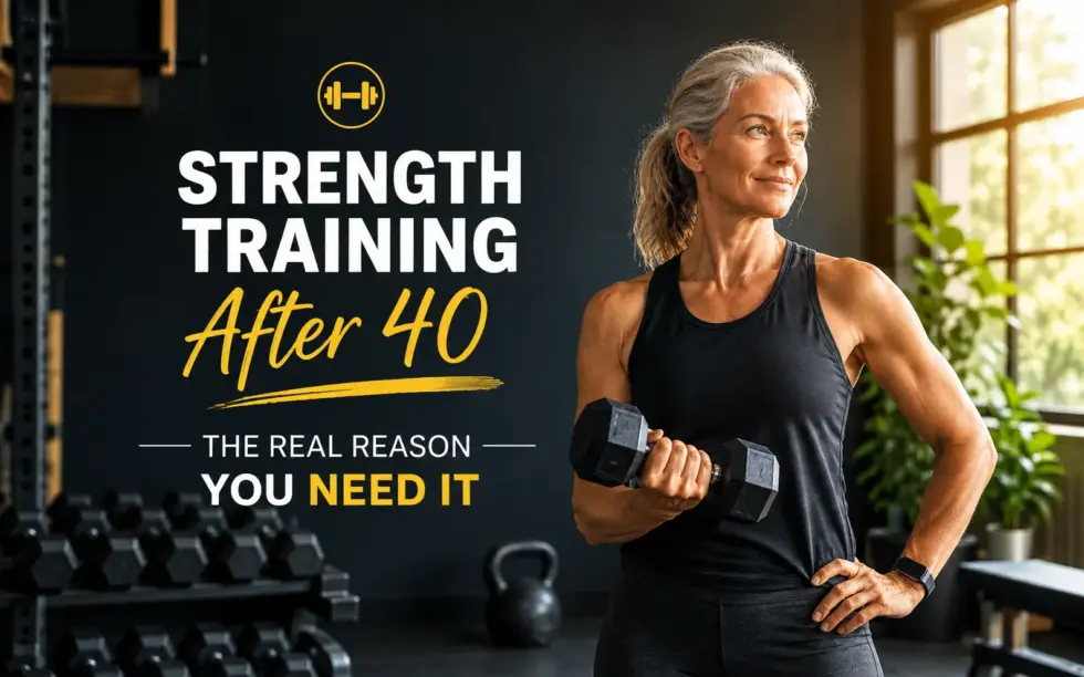 Woman over 40 lifting a dumbbell in a gym, highlighting the importance of strength training after 40 for muscle strength, fitness, and healthy aging.