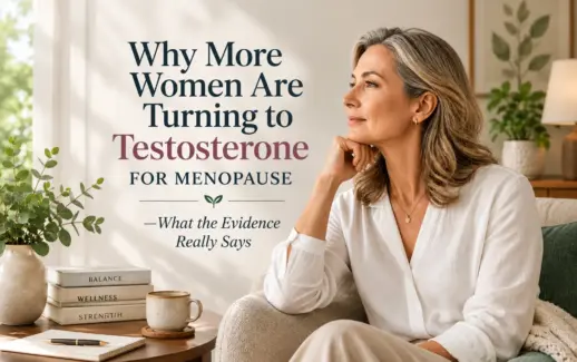 Middle-aged woman sitting in a cozy living room with text about testosterone therapy for menopause and the latest scientific evidence.