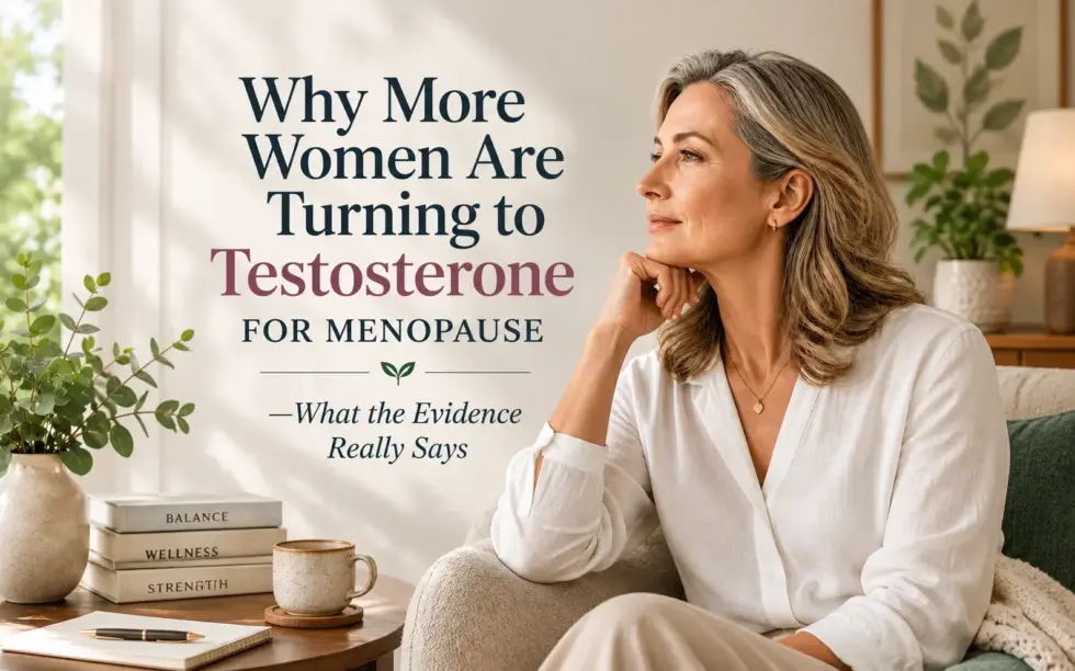 Middle-aged woman sitting in a cozy living room with text about testosterone therapy for menopause and the latest scientific evidence.