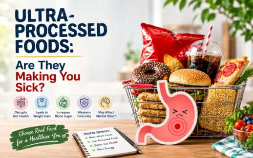 Ultra-processed foods including burgers, pizza, chips, donuts, instant noodles, and sugary drinks with an illustration highlighting gut health and healthy eating choices.